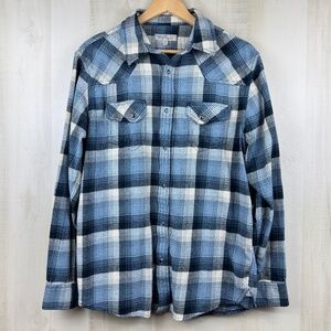 Blue Ranchwear Men’s Finney Blue Plaid Flannel Western Shirt Pearl Snaps Medium